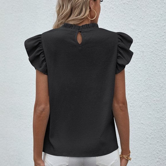 New Mock Neck Lettuce Trim Ruffle Blouse Black - Picture 3 of 7
